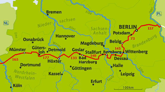 R1 route door Duitsland met aanduiding van onze etappes en dagafstanden.